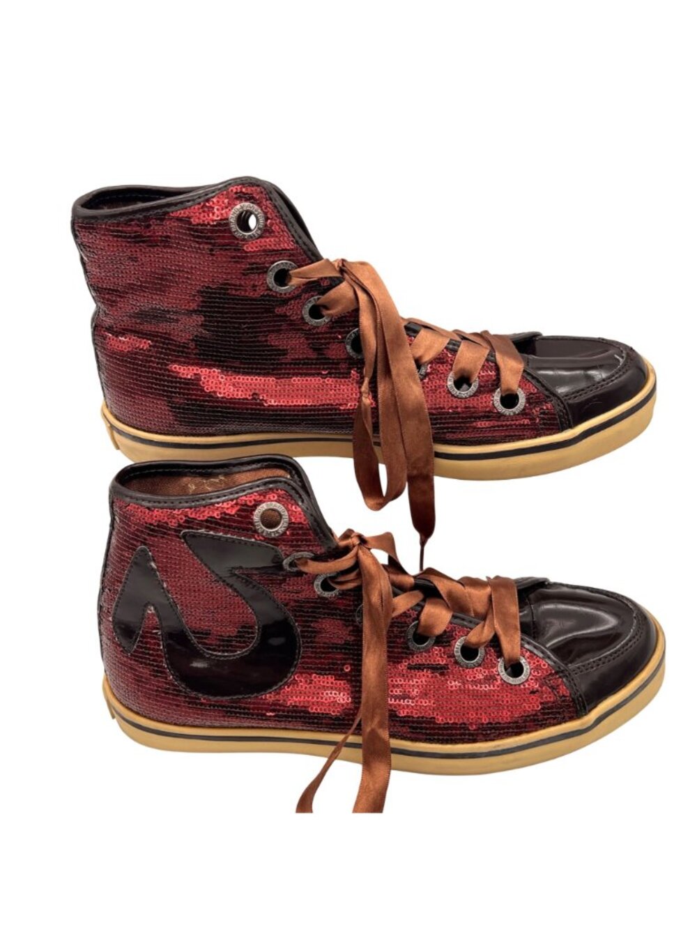 True Religion Sequin High Top Sneakers Womens Size 9.5 Burgundy Patent Leather - Picture 2 of 15